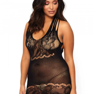 Floral lace opaque mini dress, black, PLUS SI