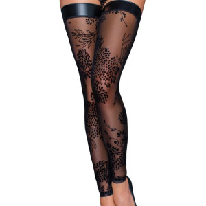 Tulle stockings with patterned flock embroidery - M