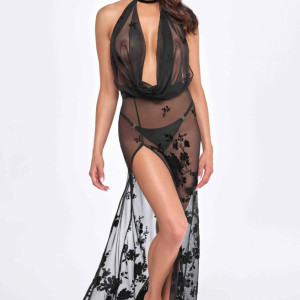 Divinity long flocked mesh dress with open back - S