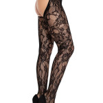 Rose Lace Crotchless Tights with Open Back - Black O/S